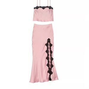 Satin Lace-Trim Cropped Top & Slip Skirt Set